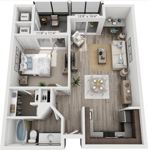Floor plan for 1 bed, 1 bath, 710 sqft